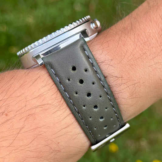 The Monte Carlo: Graphite Grey Perforated Leather Rally Samsung Galaxy Watch Ultra / Watch 8 Strap