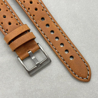 The Monte Carlo: Vintage Tan Perforated Leather Fitbit Versa/Sense Watch Strap