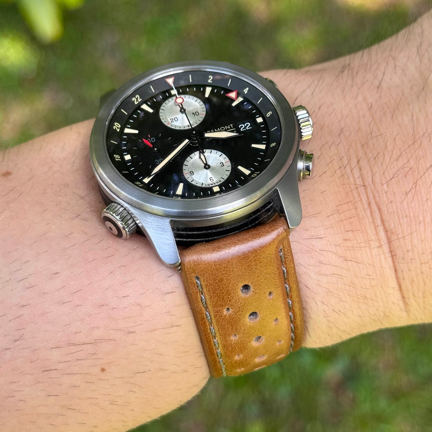 Wrist shot of the tan perforated full grain leather watch strap. 18mm, 19mm, 20mm, 21mm, 22mm, 24mm. Watch And Strap