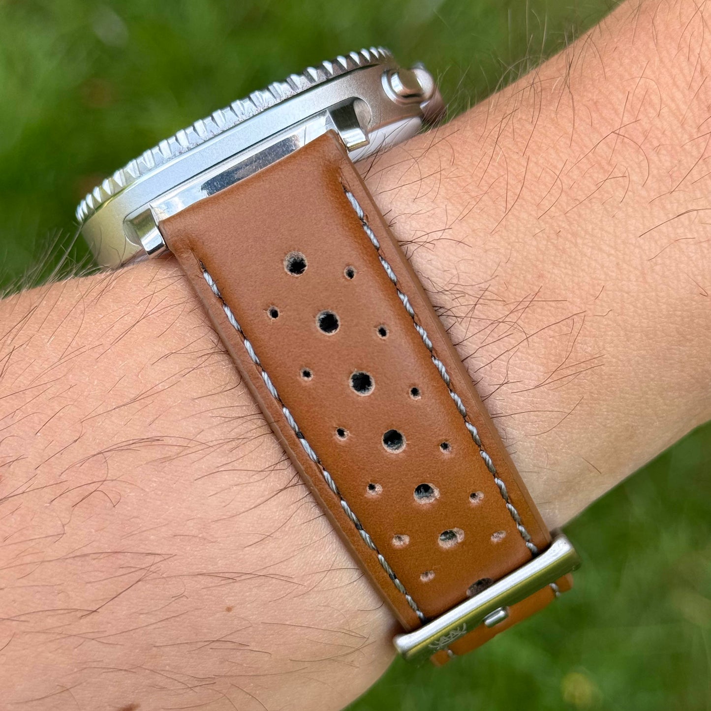 The Monte Carlo: Vintage Tan Perforated Leather Rally Samsung Galaxy Watch Ultra / Watch 8/9 Strap