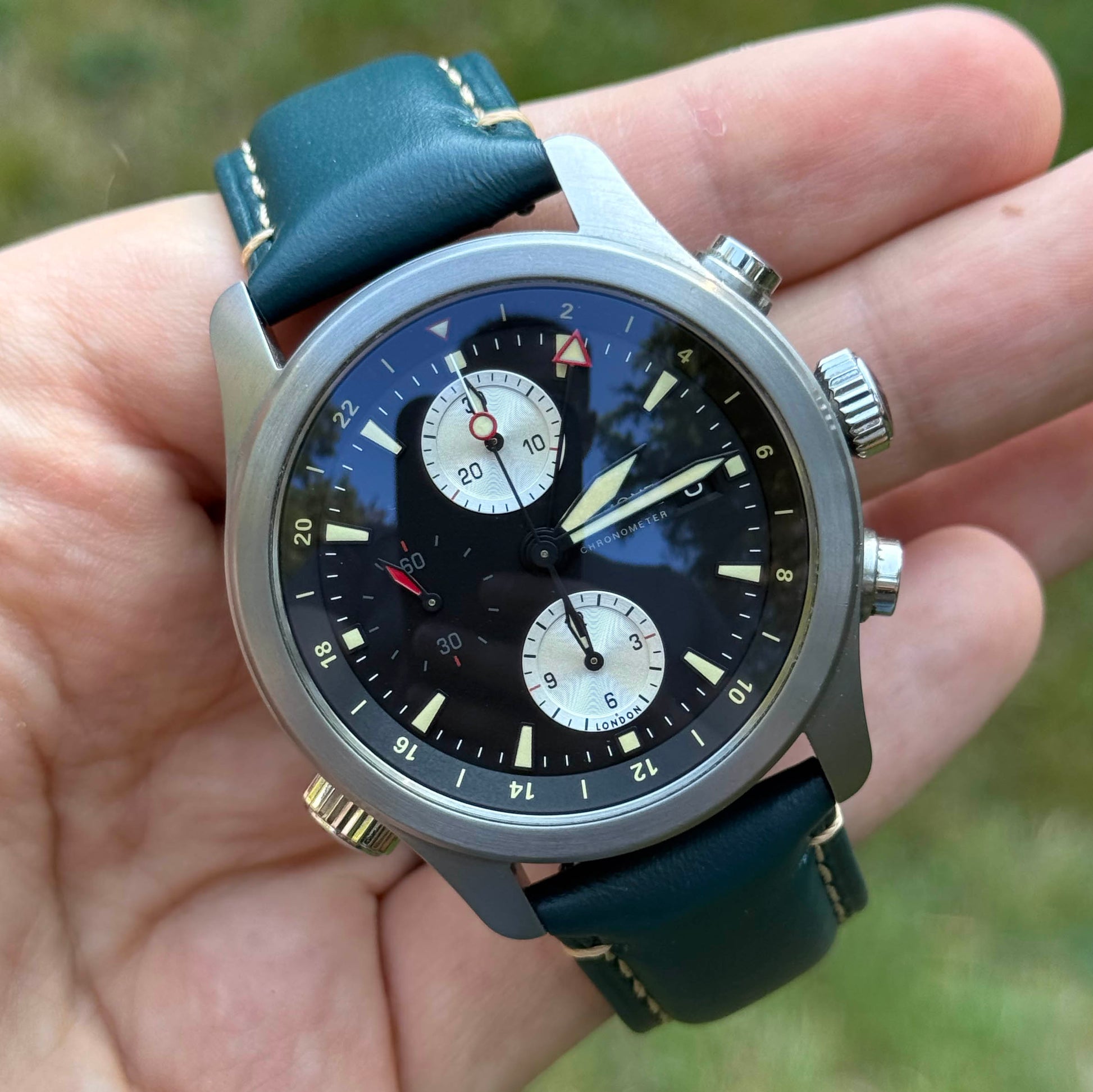 Oslo blue full grain leather watch strap on the Bremont chronograph. 18mm, 20mm, 22mm, 24mm. Watch And Strap