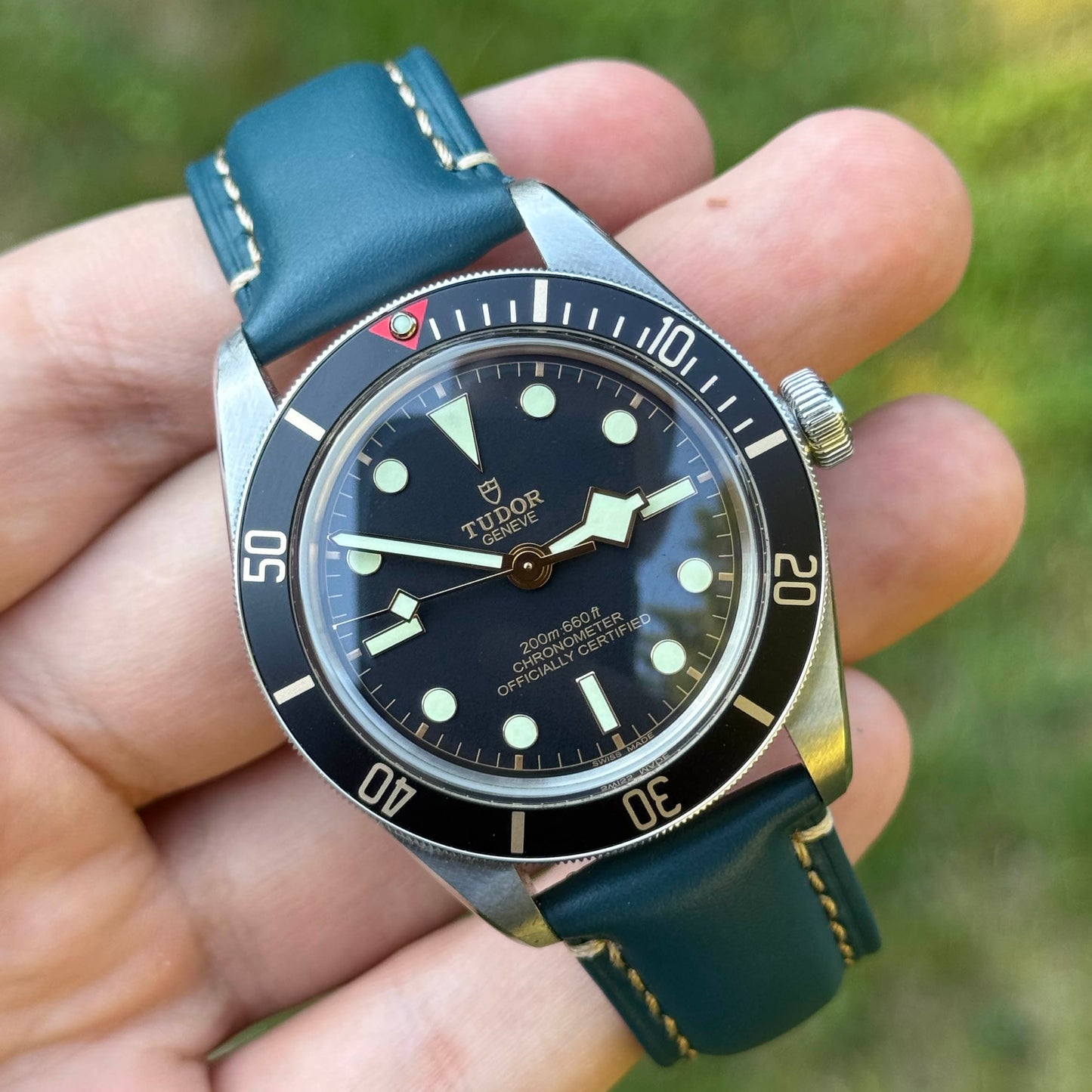 Oslo blue full grain leather watch strap on the Tudor Blackbay 58. 18mm, 20mm, 22mm, 24mm. Watch And Strap
