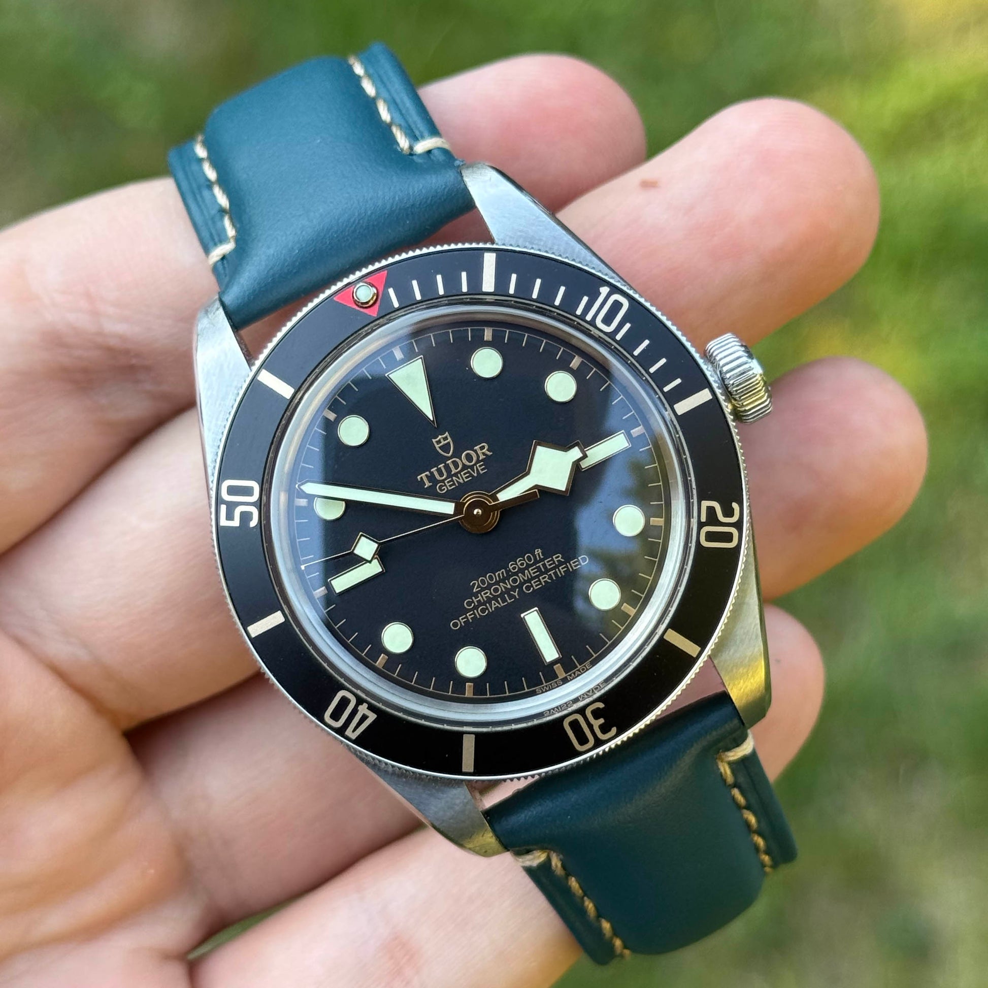 Oslo blue full grain leather watch strap on the Tudor Blackbay 58. 18mm, 20mm, 22mm, 24mm. Watch And Strap