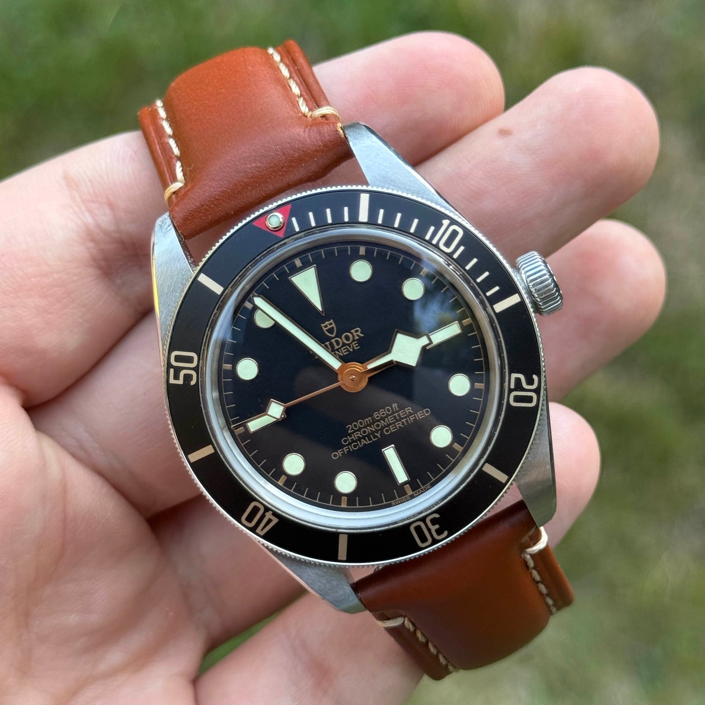 The Oslo dark caramel brown leather watch band on the Tudor Blackbay 58. Extra Small, Extra Large.