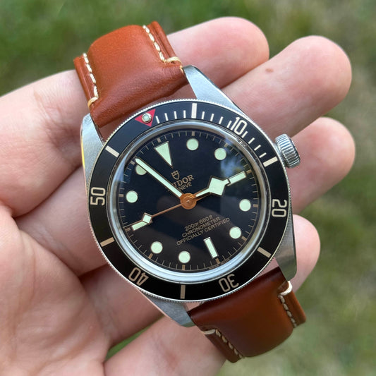 The Oslo dark caramel brown leather watch band on the Tudor Blackbay 58. Extra Small, Extra Large.