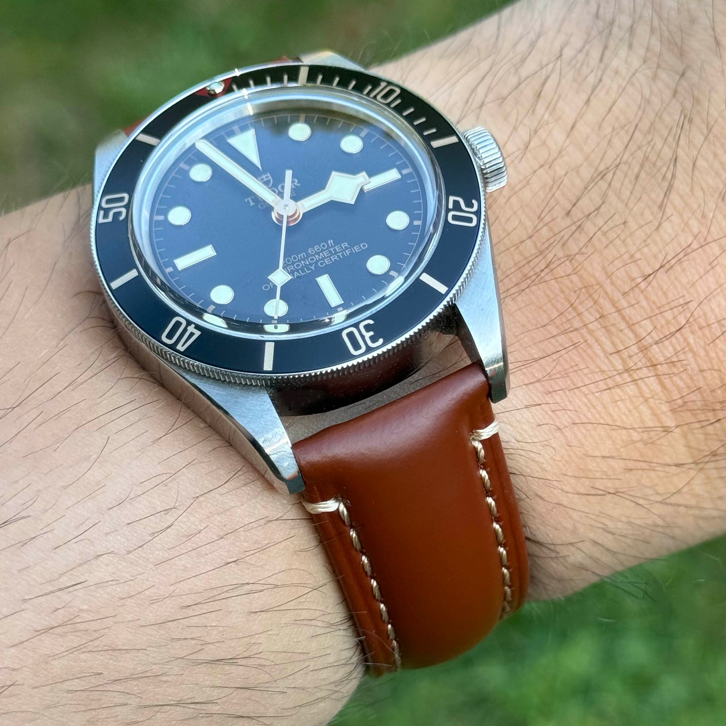 The Oslo dark caramel brown leather watch band on the Tudor Blackbay 58. Extra Small, Extra Large.