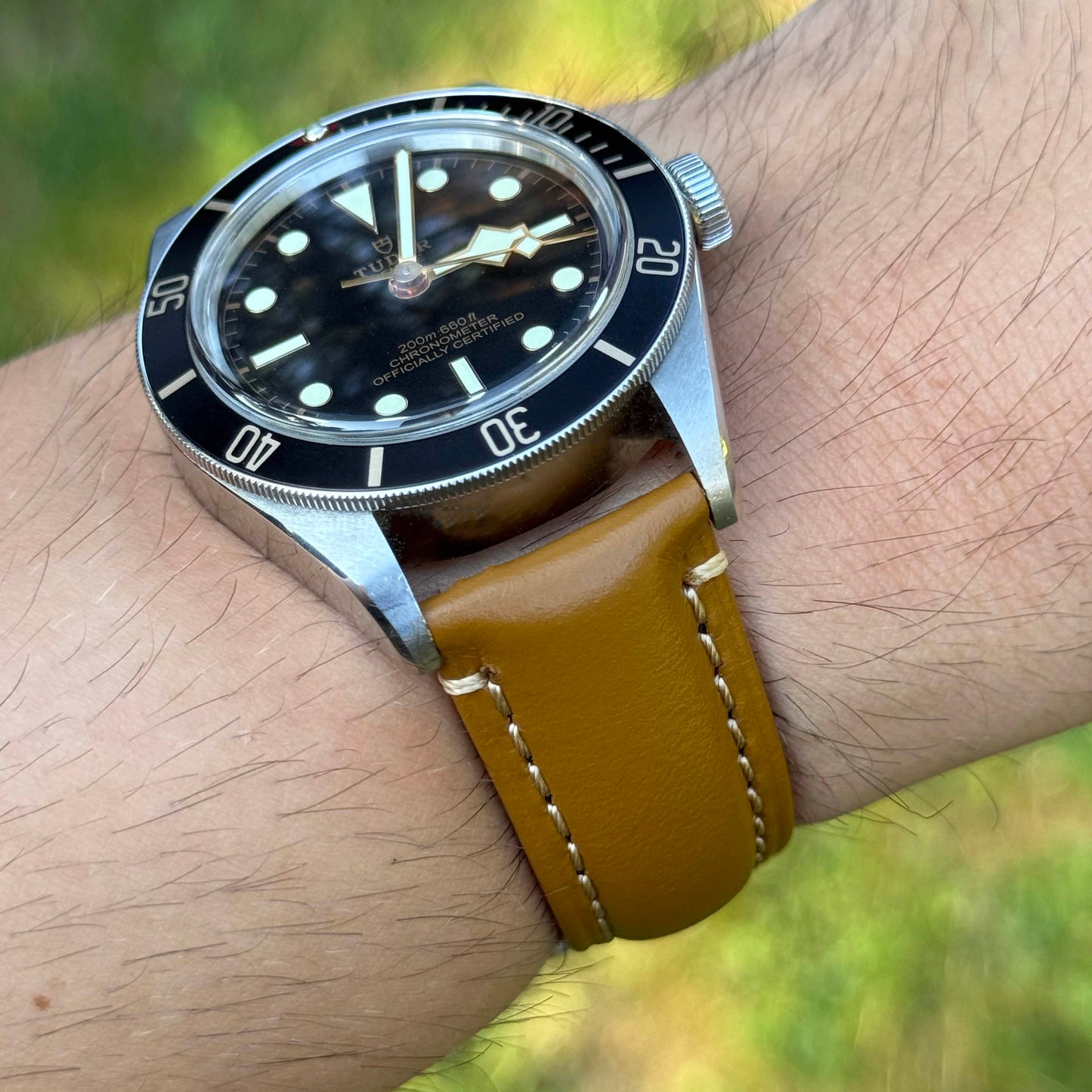 Wrist shot of the Oslo tan full grain leather watch strap. 18mm, 20mm, 22mm, 24mm. Watch And Strap.
