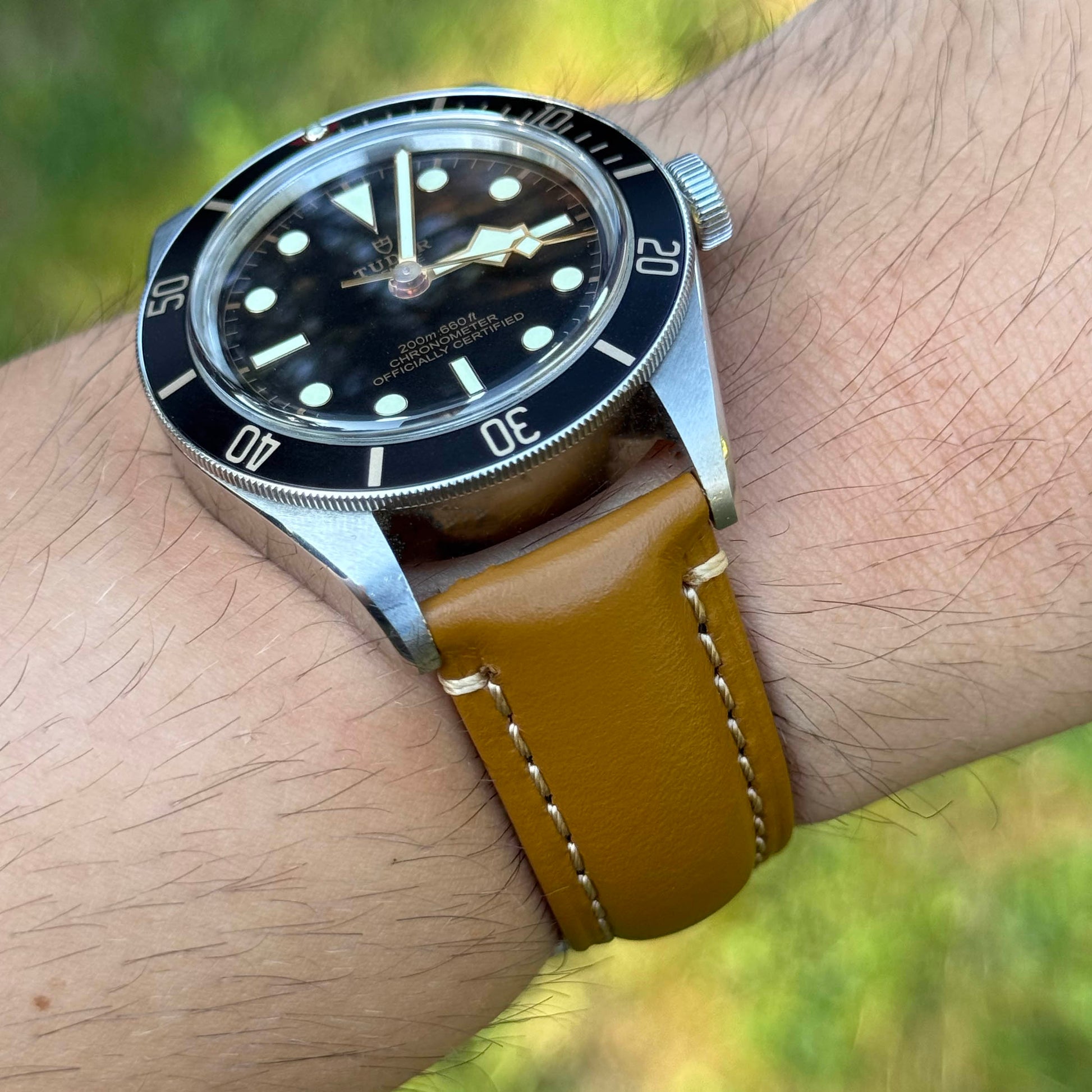 Wrist shot of the Oslo tan full grain leather watch strap. 18mm, 20mm, 22mm, 24mm. Watch And Strap.