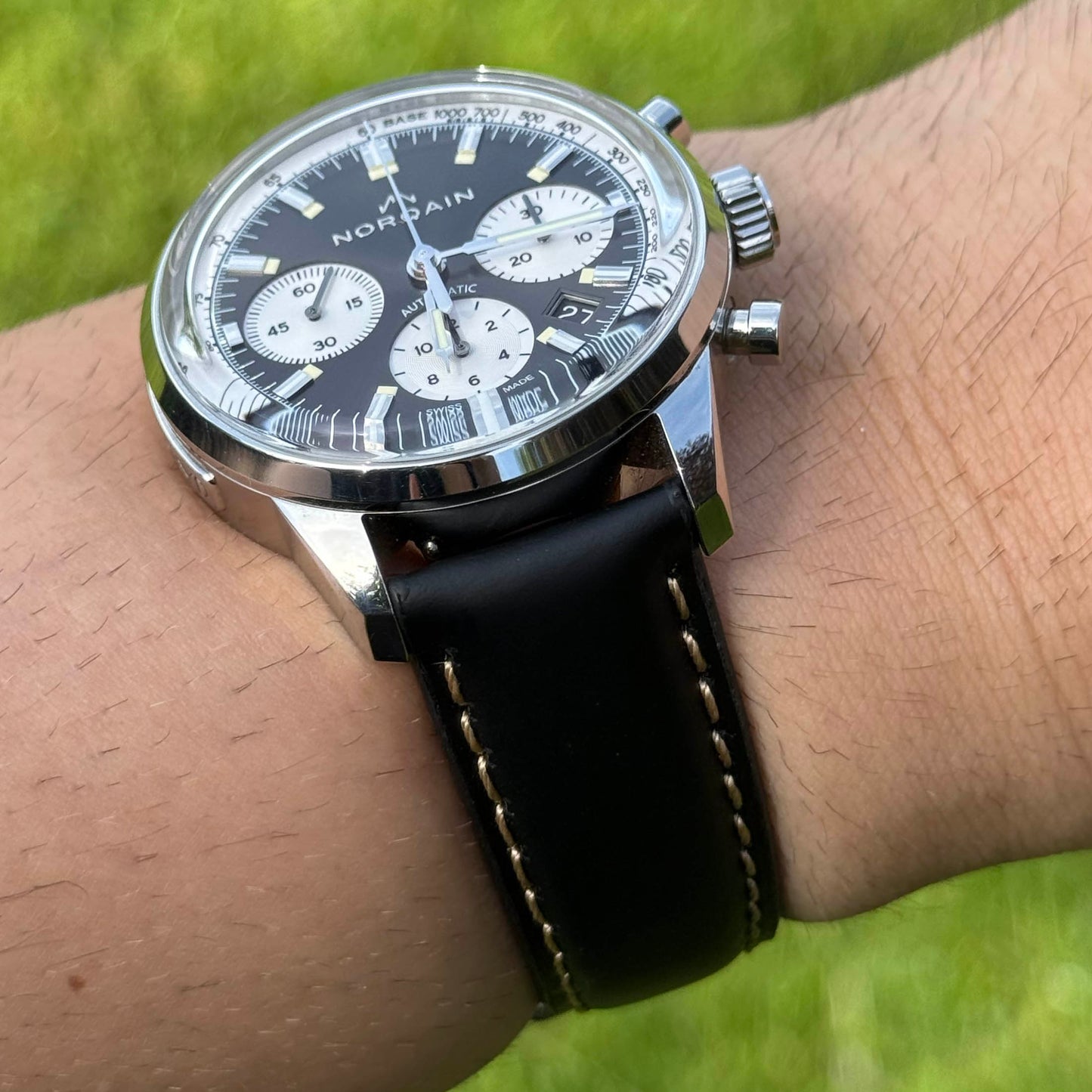 Wrist shot of the Oxford black full grain leather watch strap. Contrast tan loops. 18mm, 20mm, 22mm, 24mm. Watch And Strap.