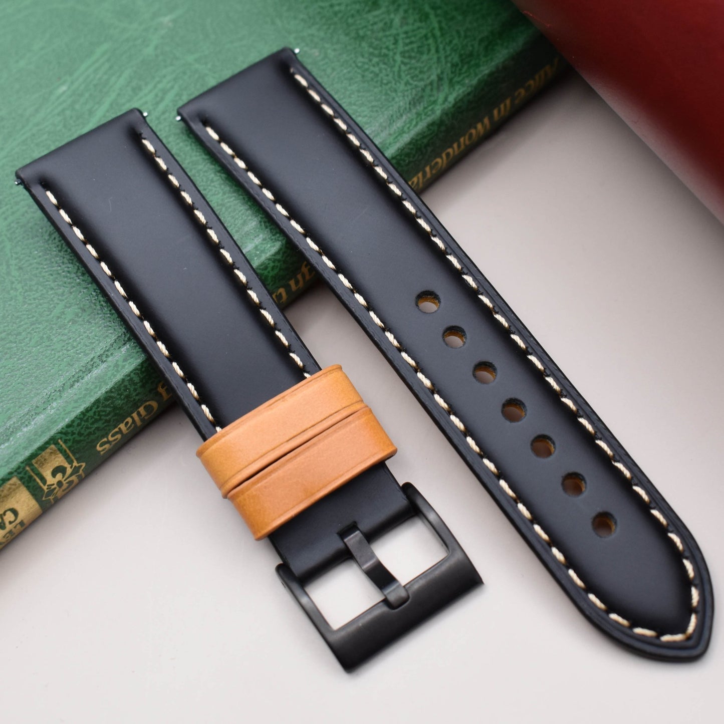 Oxford black full grain leather watch strap. Contrast tan loops. 18mm, 20mm, 22mm, 24mm. Watch And Strap.