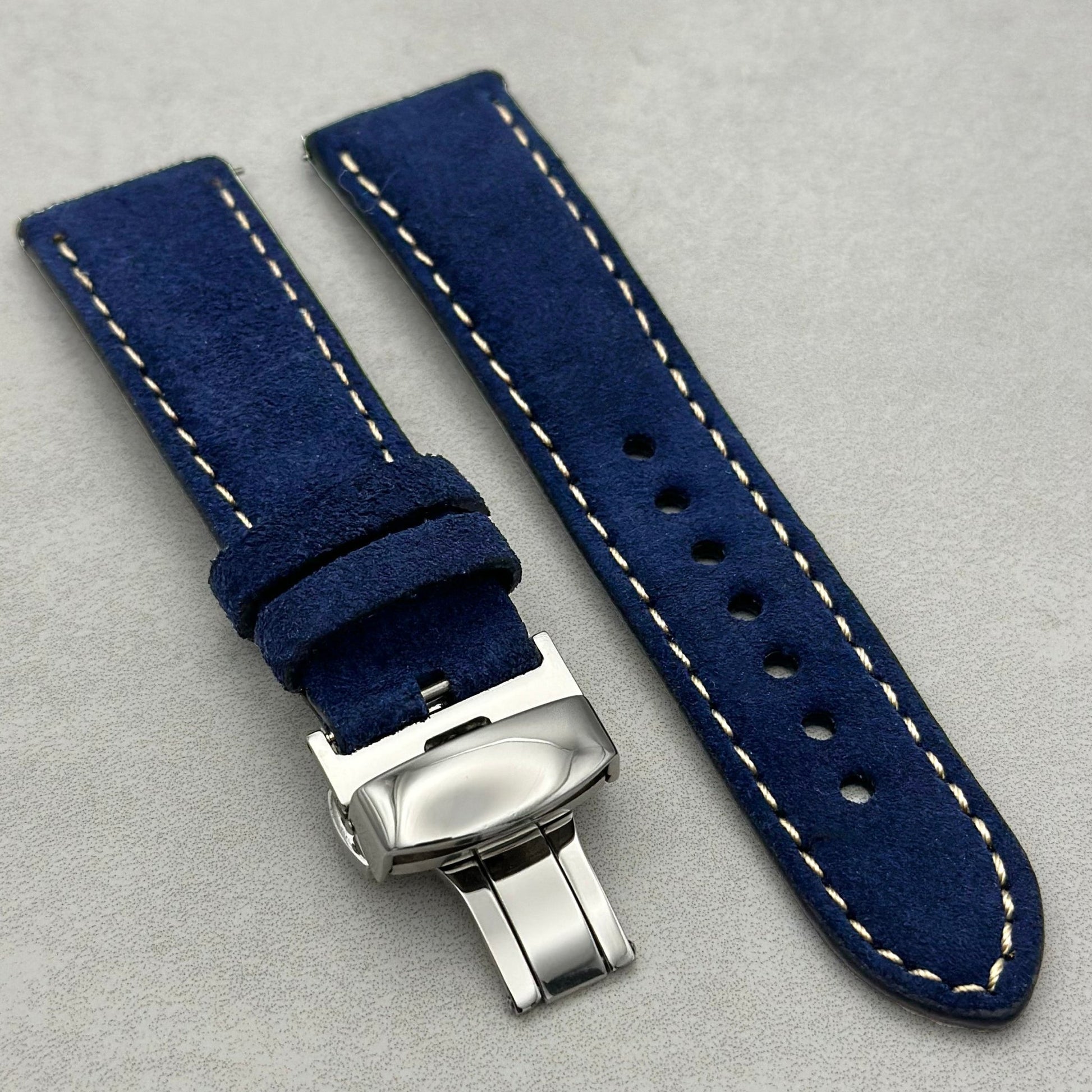 Paris navy blue suede watch strap fitted with a stainless steel butterfly clasp. 18mm, 20mm, 22mm, 24mm.