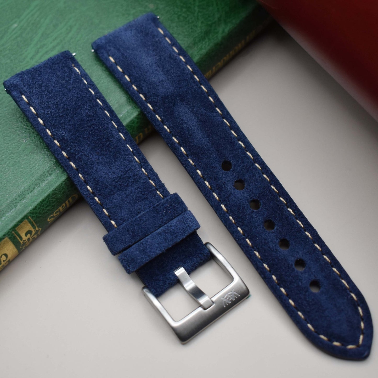 Paris navy suede watch strap with ivory stitching. Padded suede watch strap. 18mm, 20mm, 22mm, 24mm. Watch and Strap