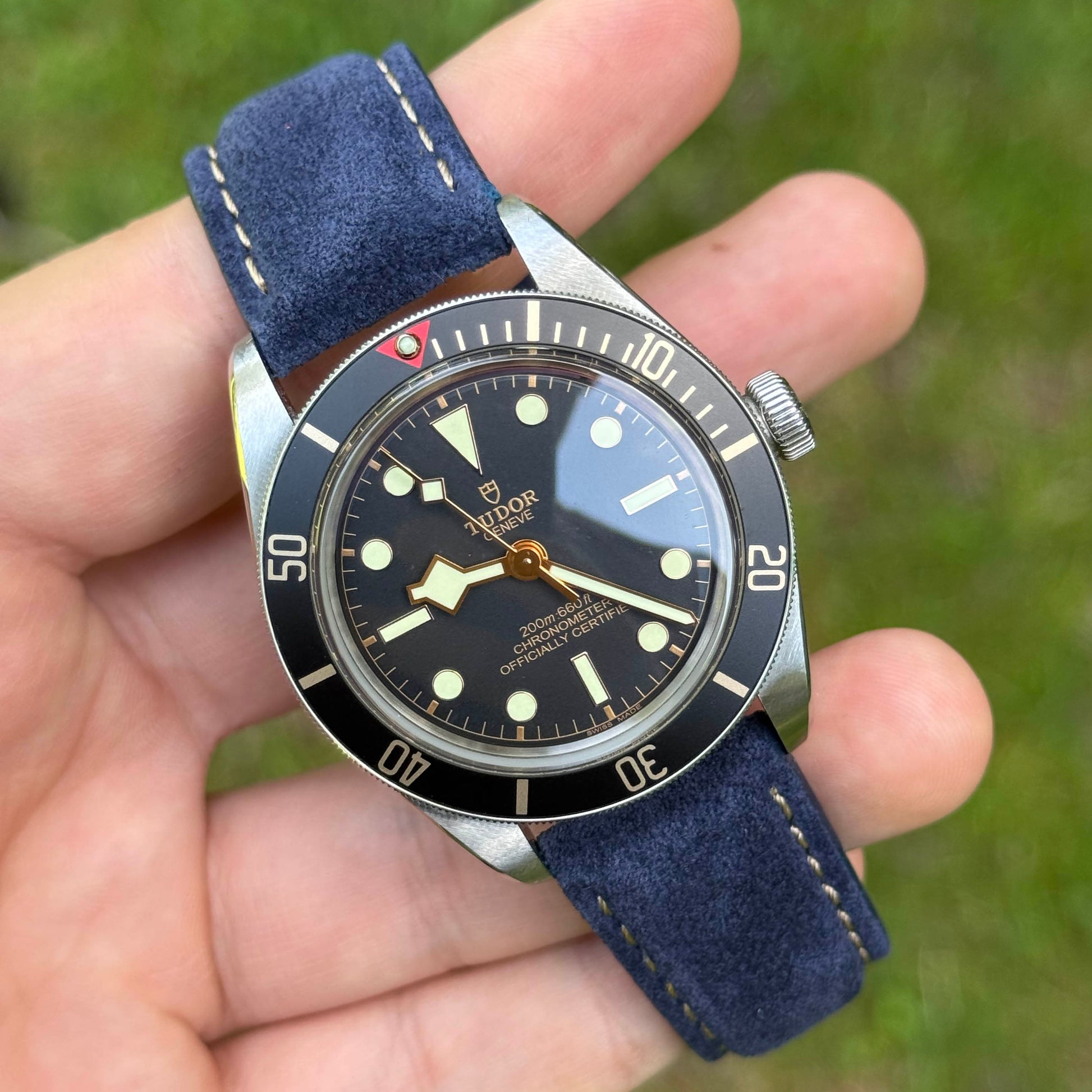 Wrist shot of the Paris Navy blue suede watch strap. Ivory stitching. 18mm, 20mm, 22mm, 24mm. Watch And Strap
