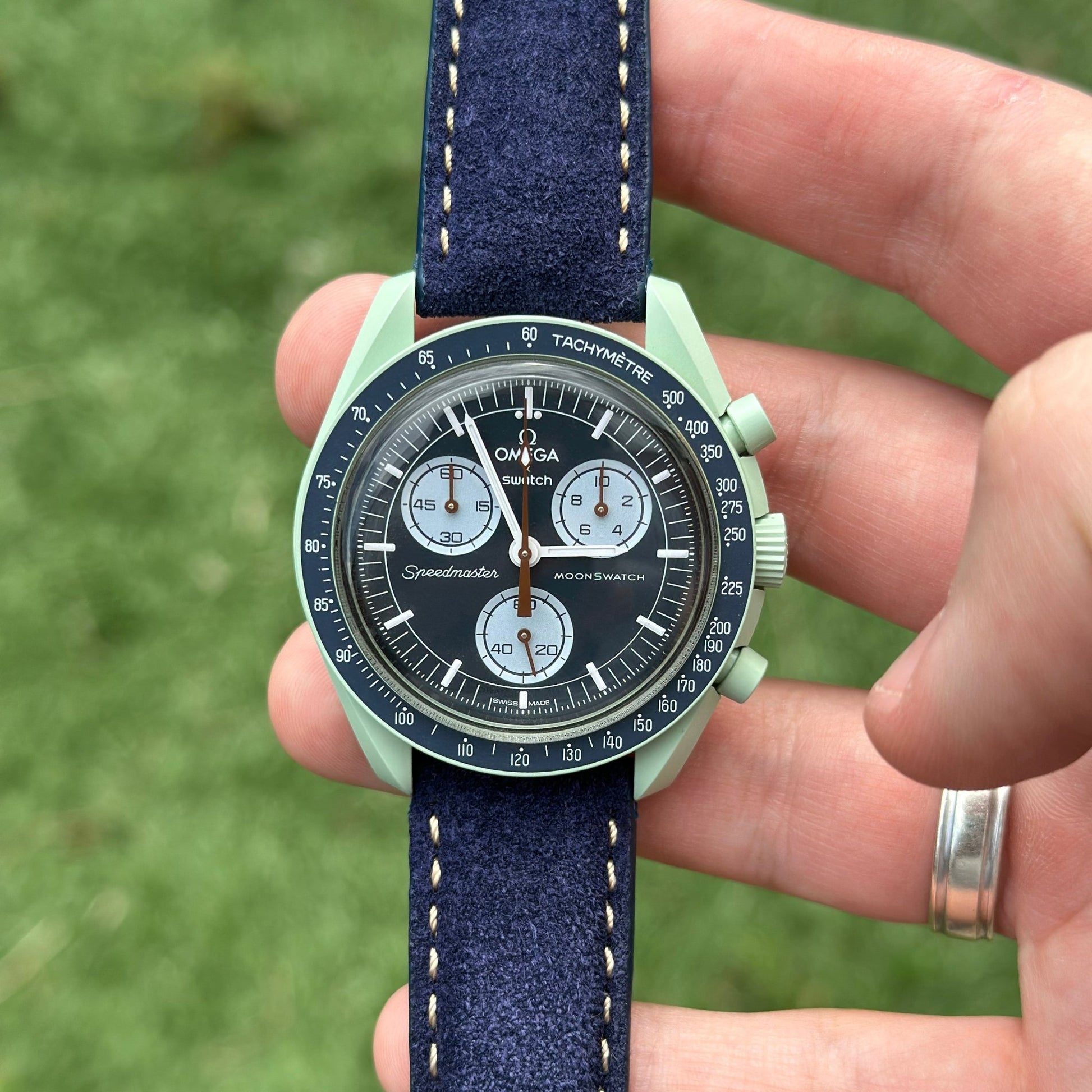 Paris Navy blue strap on the Omega Moonswatch Earth. Ivory stitching. 18mm, 20mm, 22mm, 24mm.