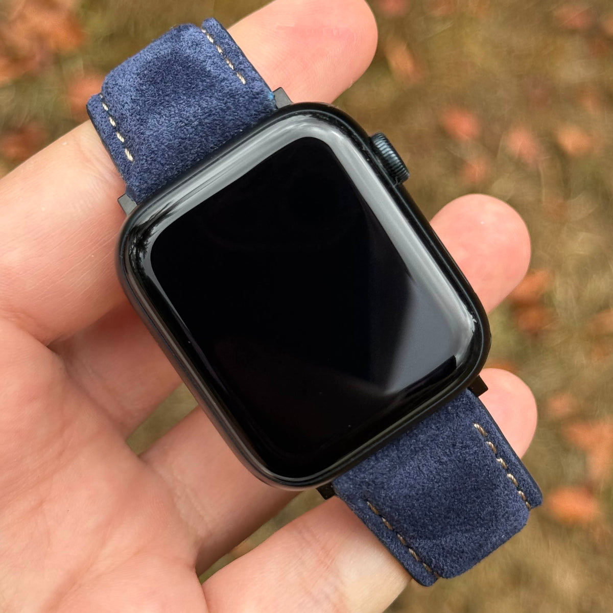 Paris navy blue suede Apple Watch strap. Contrast ivory stitching. Apple Watch Series 6, 7, 8, 9, 10, 11, 12, SE and Ultra.