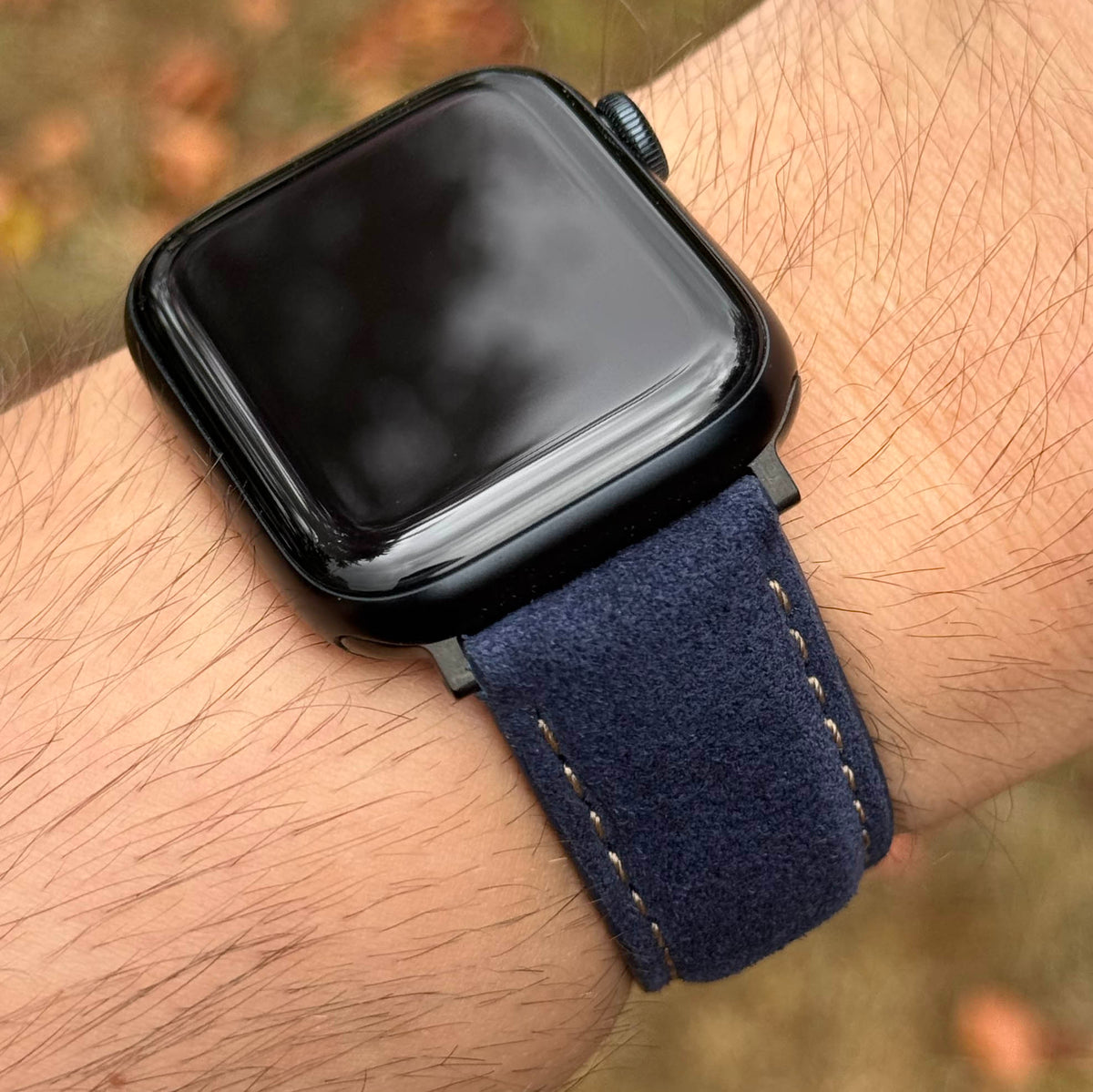Paris navy blue suede Apple Watch strap. Contrast ivory stitching. Apple Watch Series 6, 7, 8, 9, 10, 11, 12, SE and Ultra.
