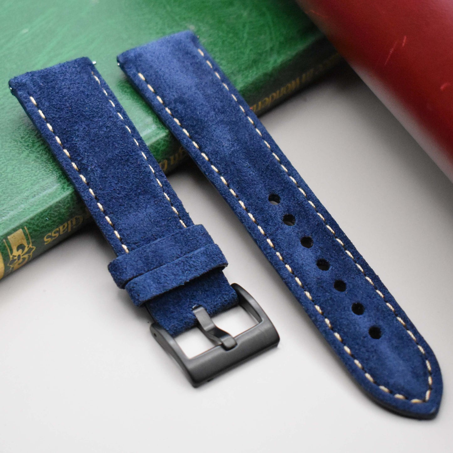 Paris navy suede watch strap with ivory stitching. Padded suede watch strap. 18mm, 20mm, 22mm, 24mm. Watch and Strap