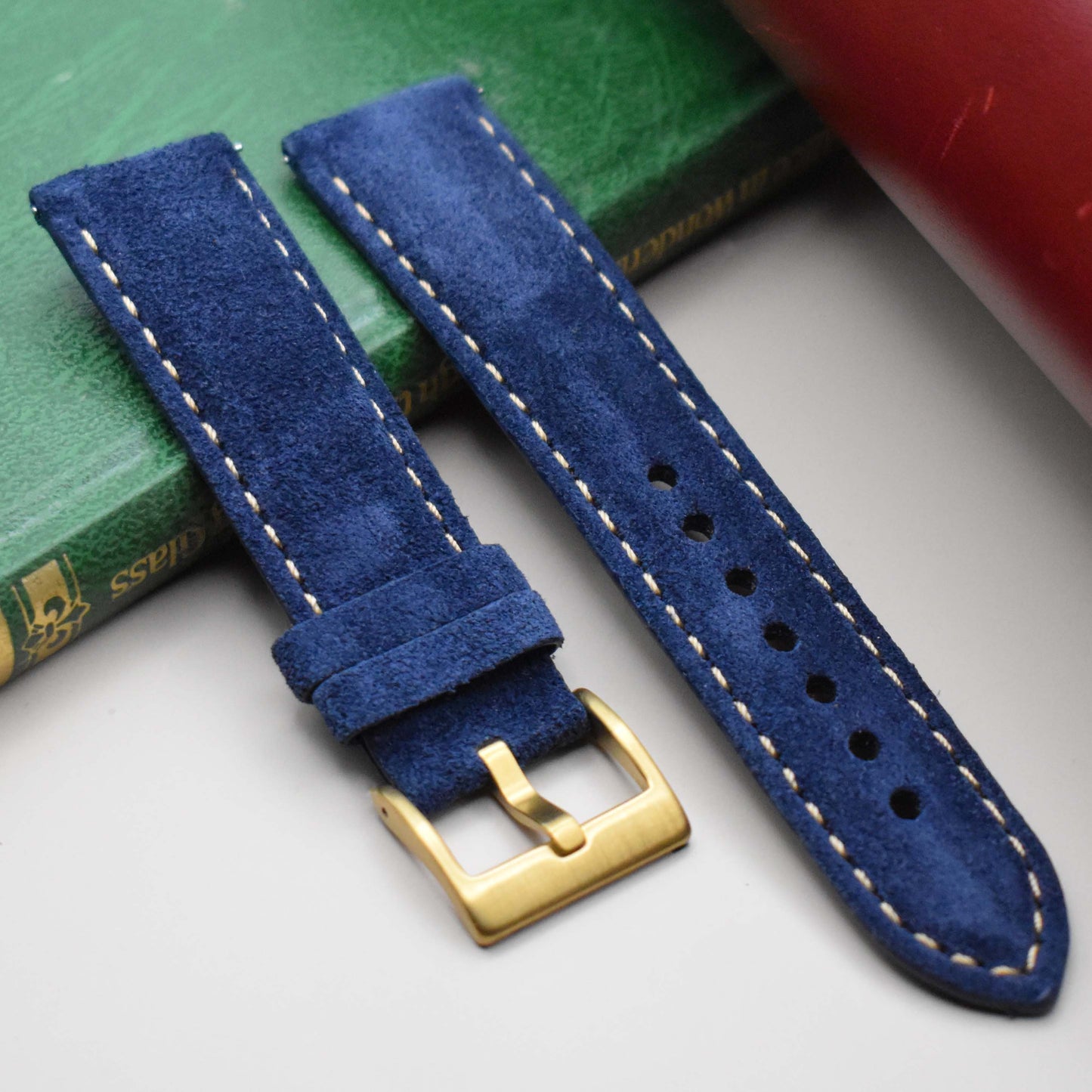Paris navy suede watch strap with ivory stitching. Padded suede watch strap. 18mm, 20mm, 22mm, 24mm. Watch and Strap