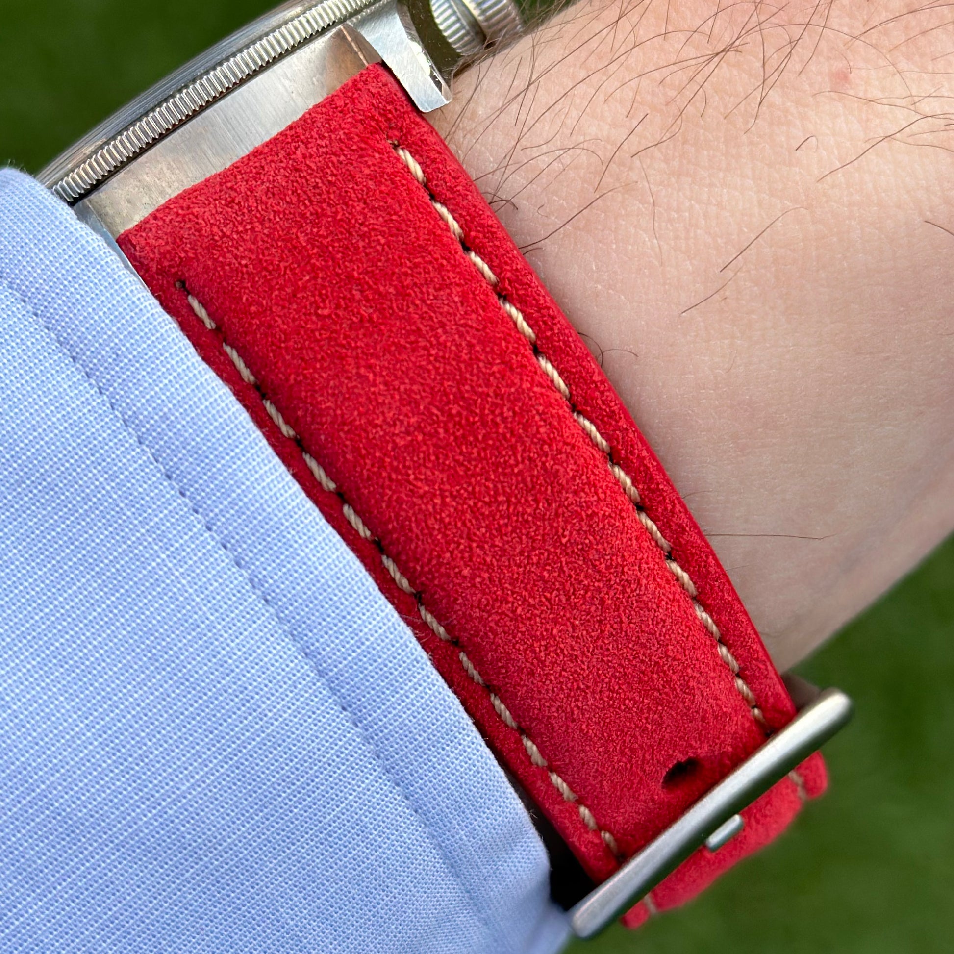 Wrist shot of the Paris ruby red suede watch strap on the Tudor Blackbay 58. 18mm, 20mm, 22mm, 24mm. Watch And Strap.