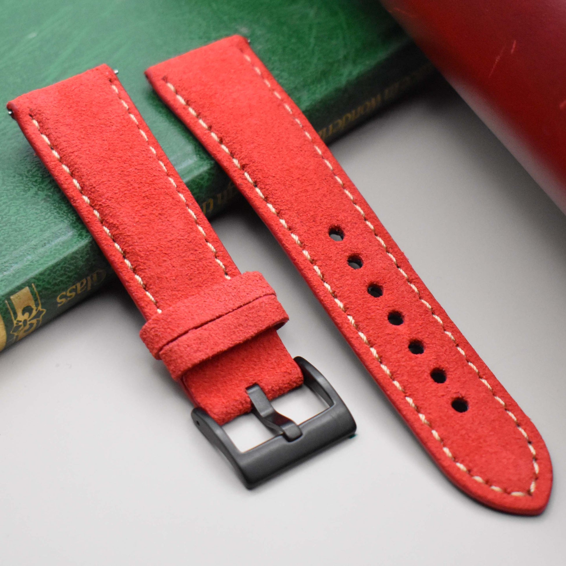 Paris ruby red suede watch strap. Ivory stitching. 18mm, 20mm, 22mm, 24mm. Watch And Strap.