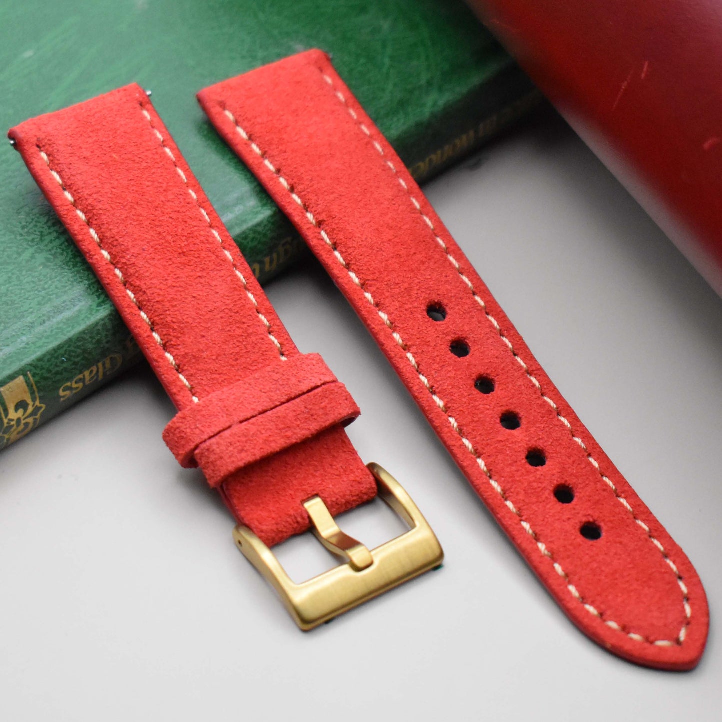 Paris ruby red suede watch strap. Ivory stitching. 18mm, 20mm, 22mm, 24mm. Watch And Strap.