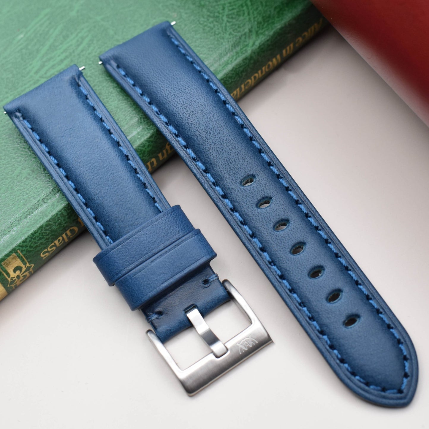 Blue vegetable tanned full grain leather watch strap. 18mm, 20mm, 22mm, 24mm. Quick release spring bars. Watch And Strap.