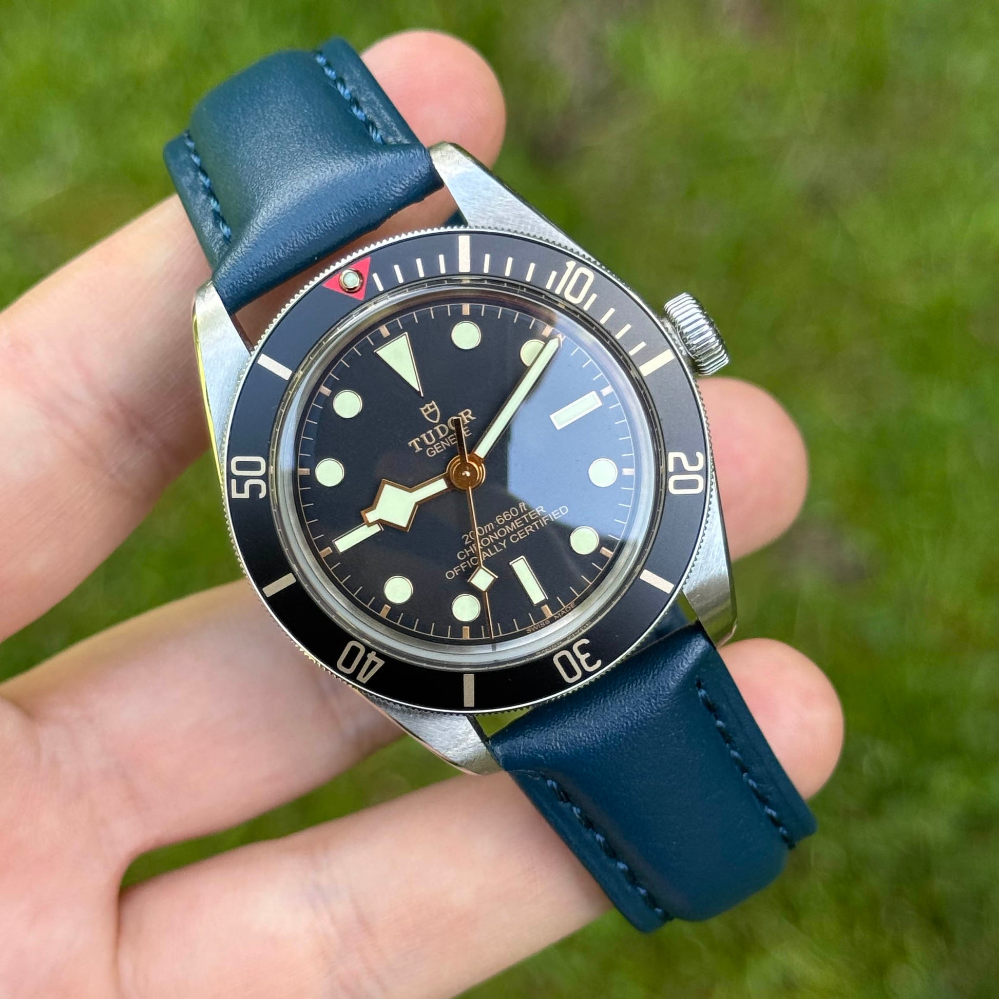 Wrist shot of the Prague marine blue vegetable tanned leather watch strap. Padded leather watch strap. 18mm, 20mm, 22mm