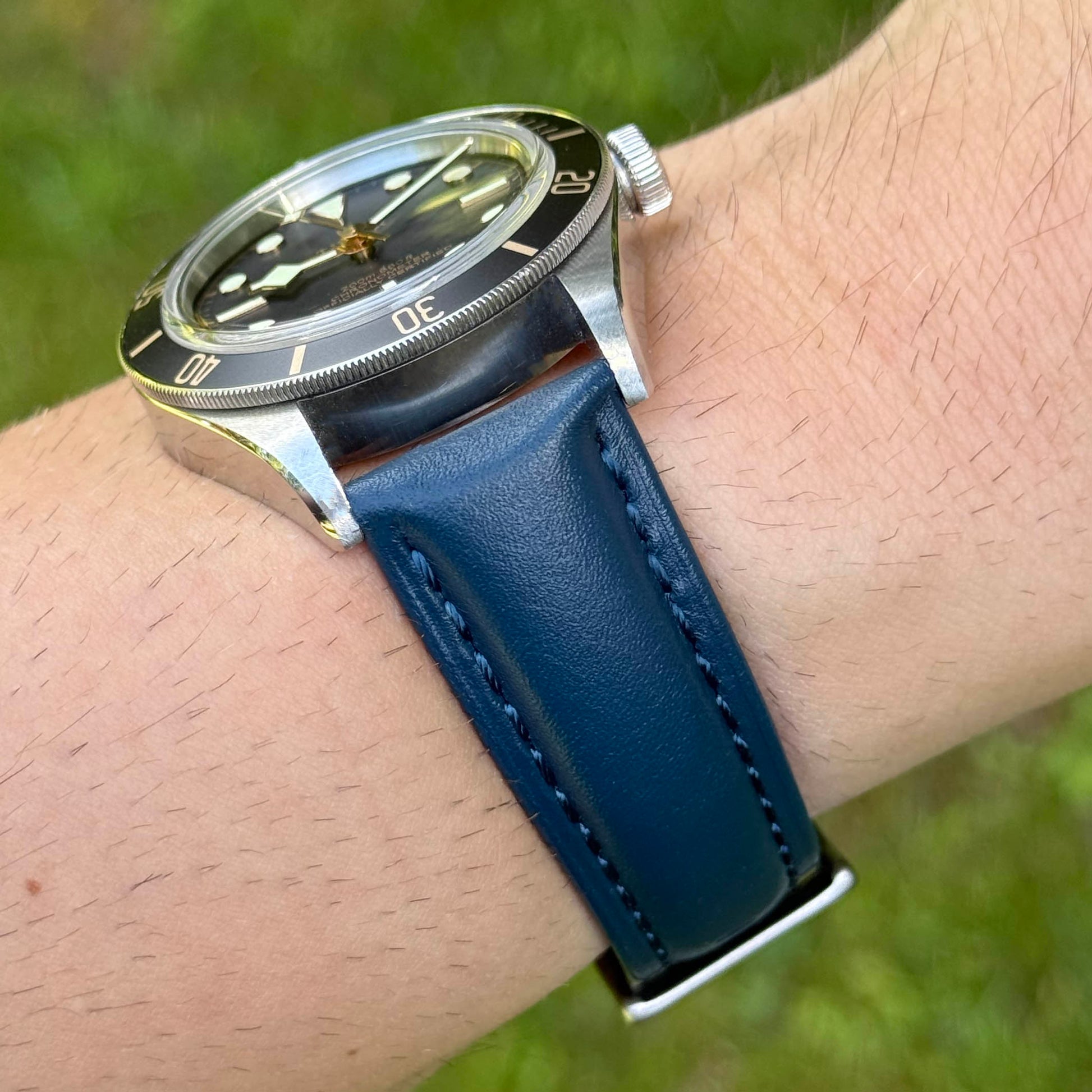 Wrist shot of the Prague marine blue vegetable tanned leather watch strap. Padded leather watch strap. 18mm, 20mm, 22mm