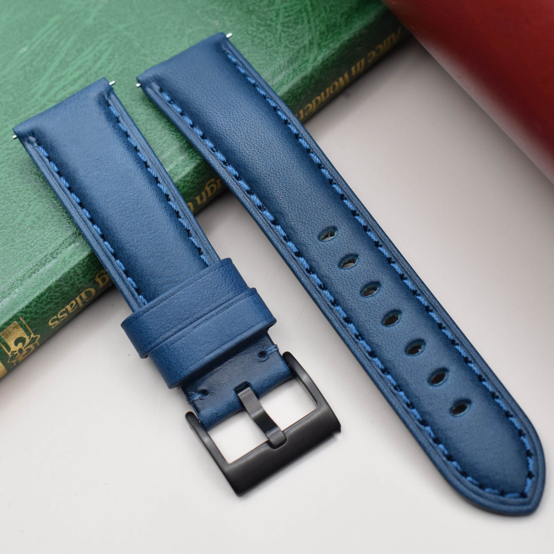 Blue vegetable tanned full grain leather watch strap. 18mm, 20mm, 22mm, 24mm. Quick release spring bars. Watch And Strap.