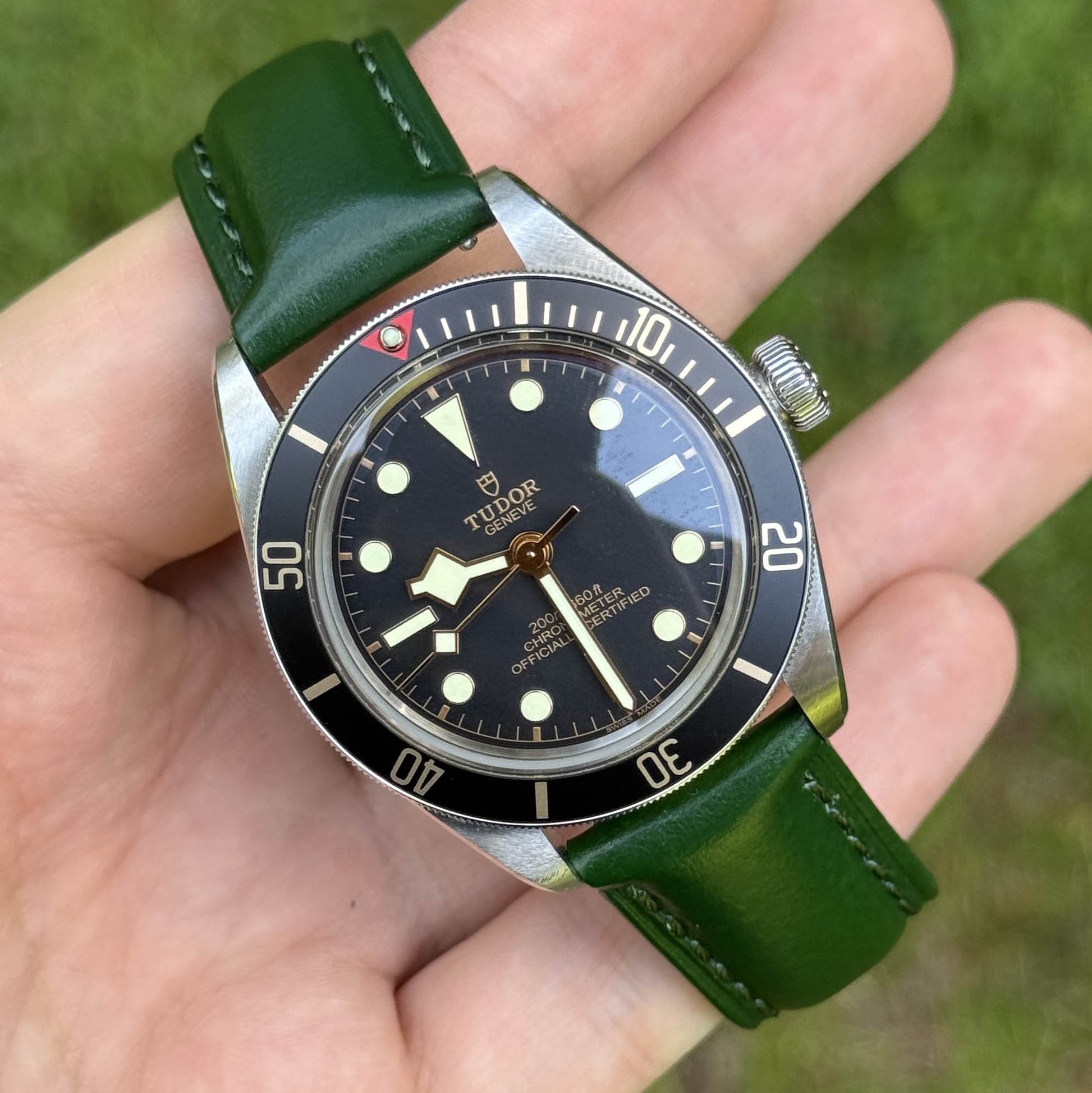 Wrist shot of the Prague racing green full grain leather watch strap. 18mm, 20mm, 22mm, 24mm. Watch And Strap.