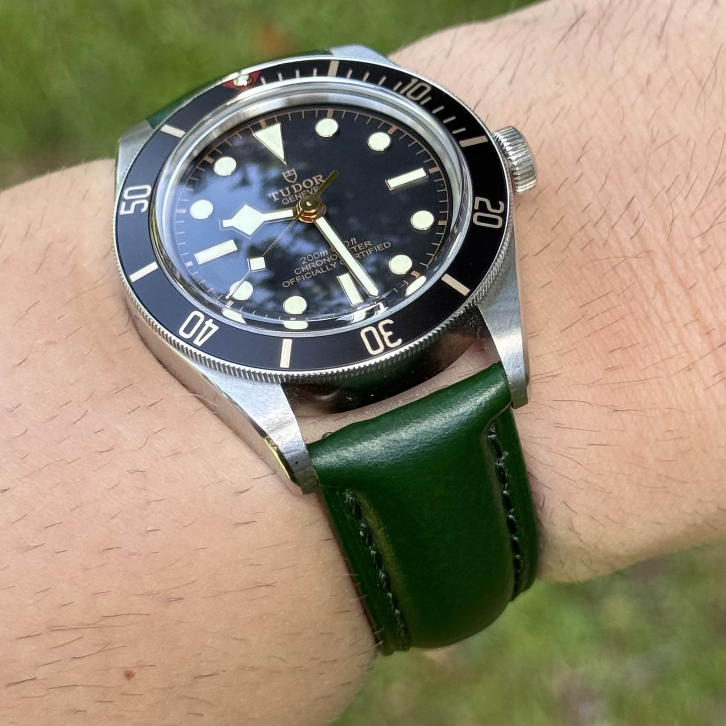 Wrist shot of the Prague racing green full grain leather watch strap. 18mm, 20mm, 22mm, 24mm. Watch And Strap.