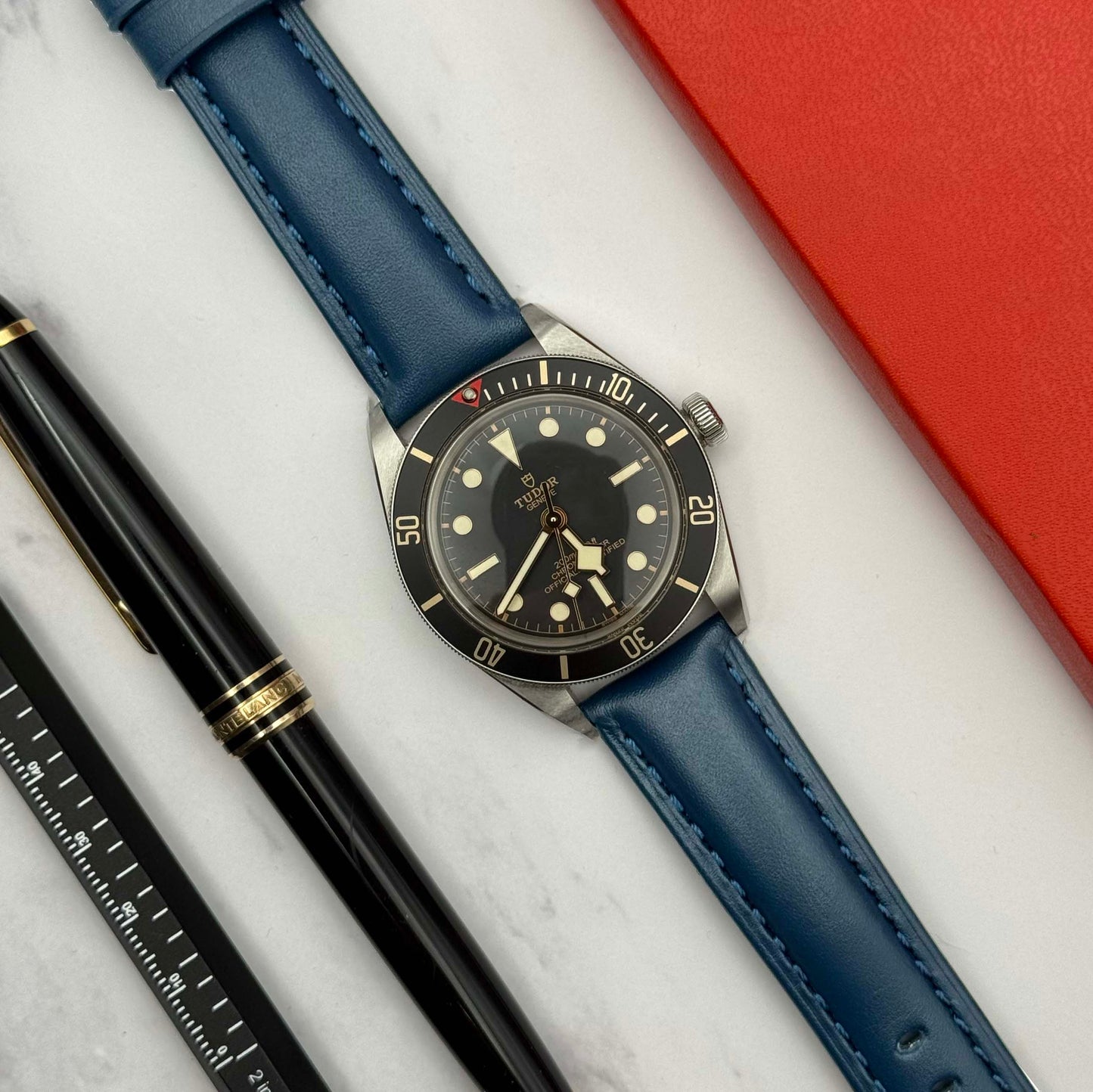 Prague marine blue vegetable tanned leather watch strap. Padded leather watch strap. 18mm, 20mm, 22mm, 24mm. Watch And Strap.