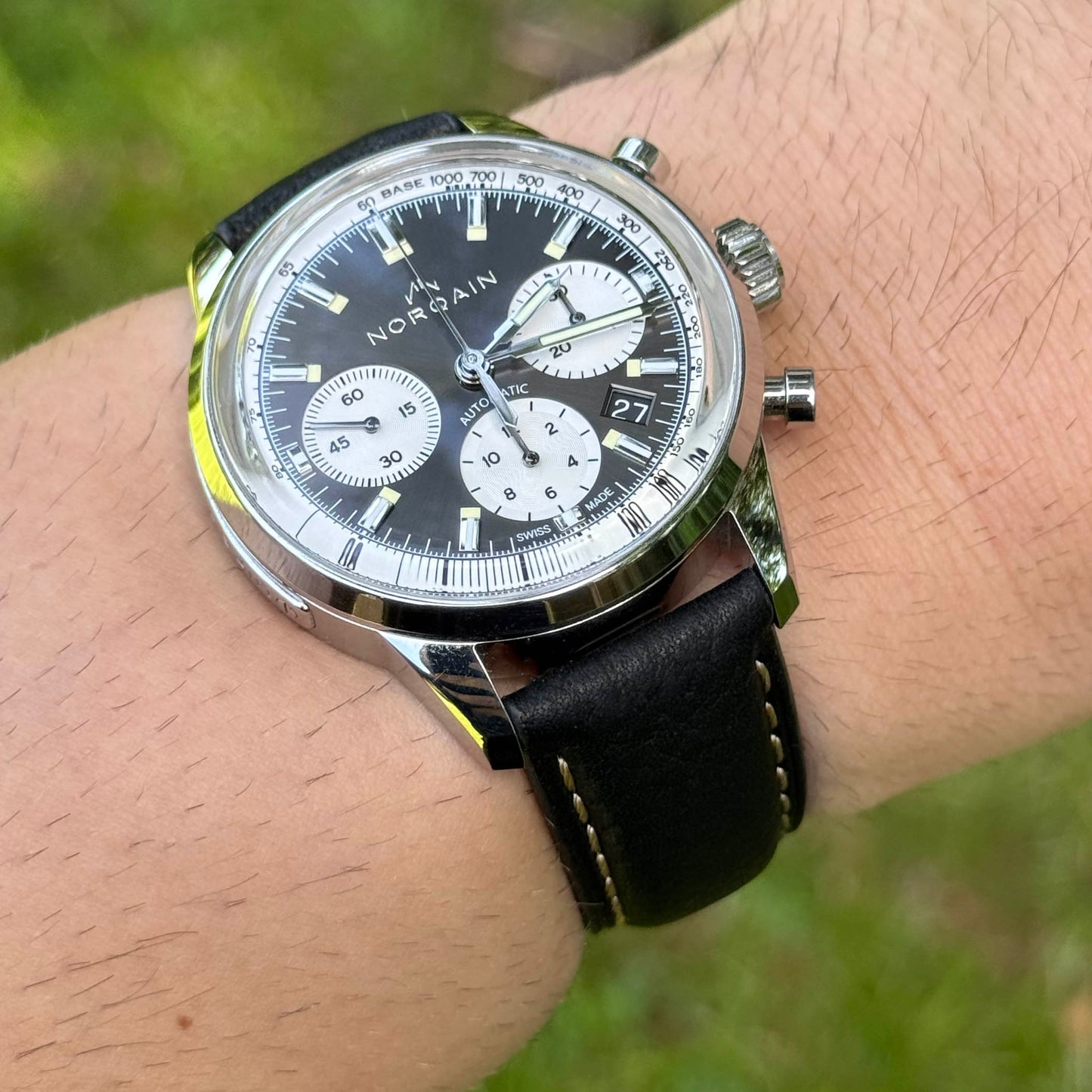 Wrist shot of the Rome black Italian leather watch strap. Ivory stitching. 18mm, 20mm, 22mm, 24mm. Watch And Strap.