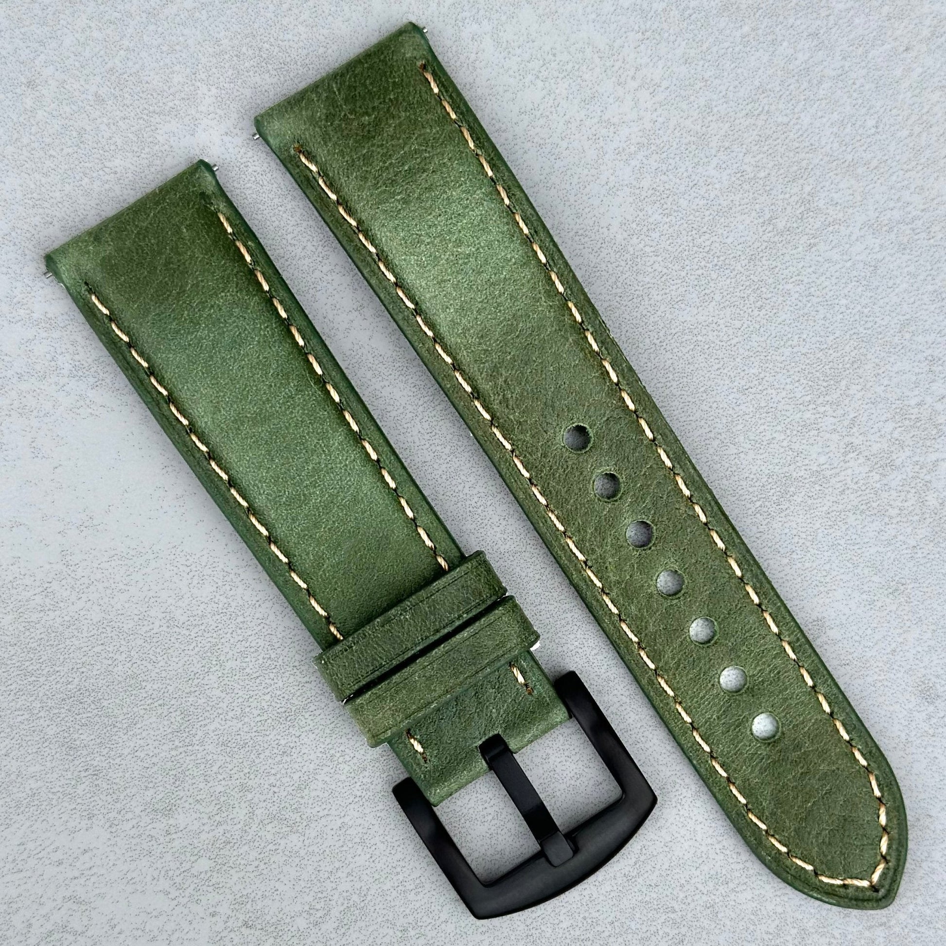 Rome green Italian leather watch strap. Padded strap with contrast ivory stitching. PVD Black buckle. 18mm, 20mm, 22mm, 24mm.