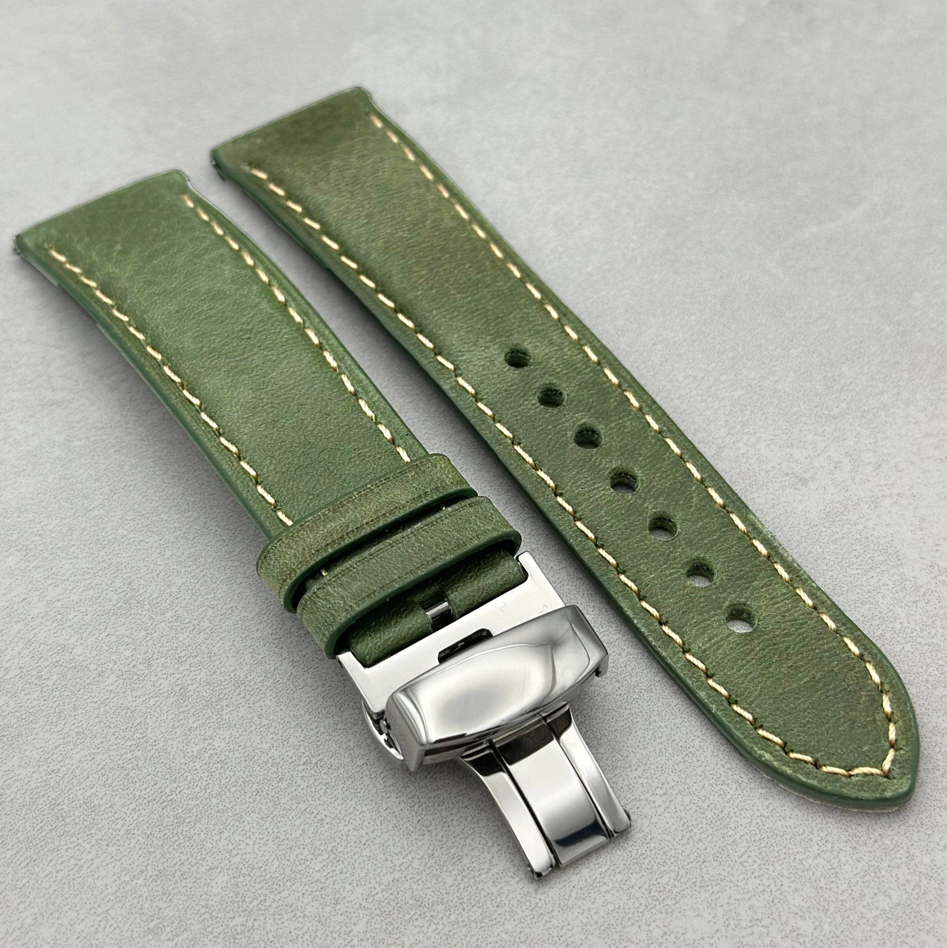 Green Italian leather watch strap fitted with a polished stainless steel butterfly clasp. 18mm, 20mm, 22mm, 24mm.