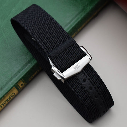 The Stockholm: Jet Black Ribbed Nylon Single Pass Deployant Strap