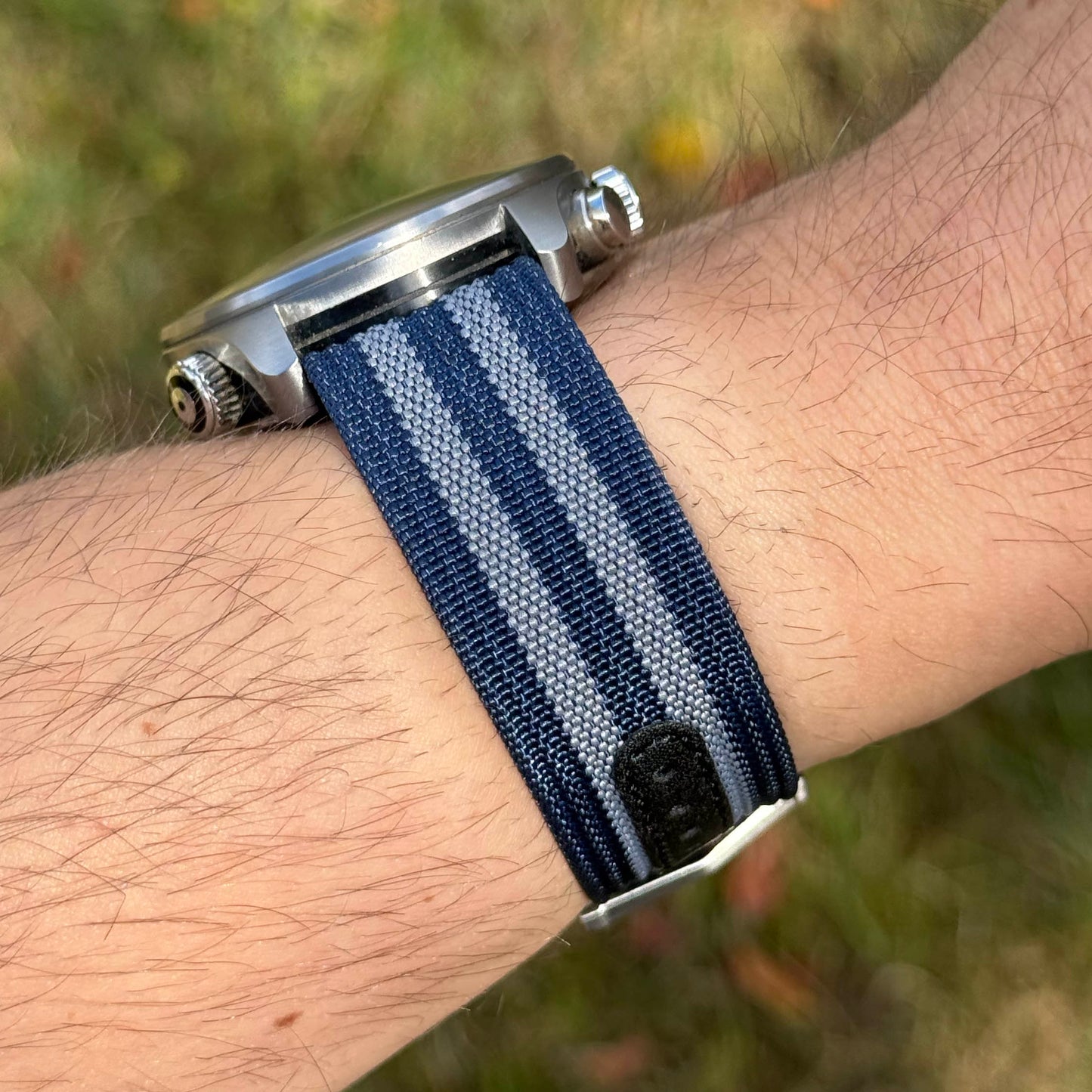 The Stockholm: Blue And Grey Ribbed Nylon Single Pass Deployant Strap