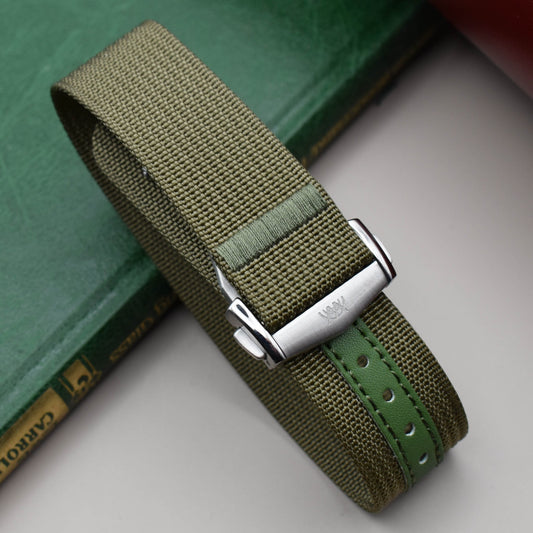 The Stockholm: Khaki Green Ribbed Nylon Single Pass Deployant Strap