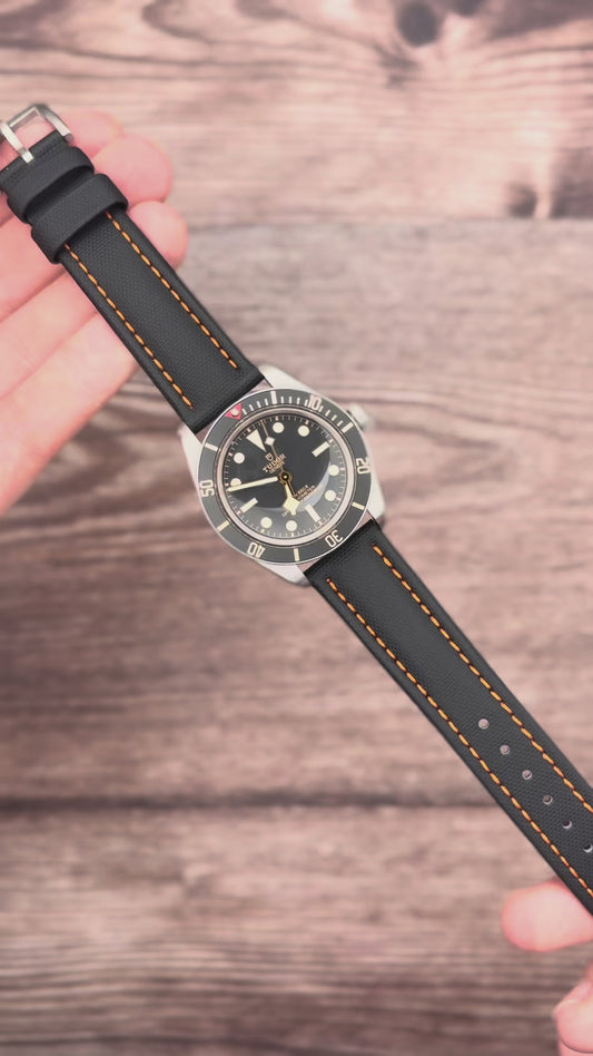 The Bermuda: Jet Black Sail Cloth Watch Strap With Contrast Orange Stitching