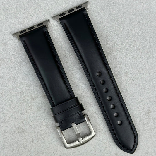 Athens jet black full grain leather apple watch strap. Apple Watch Series 3, 4, 5, 6, 7, 8, 9, SE and Ultra. Watch And Strap.