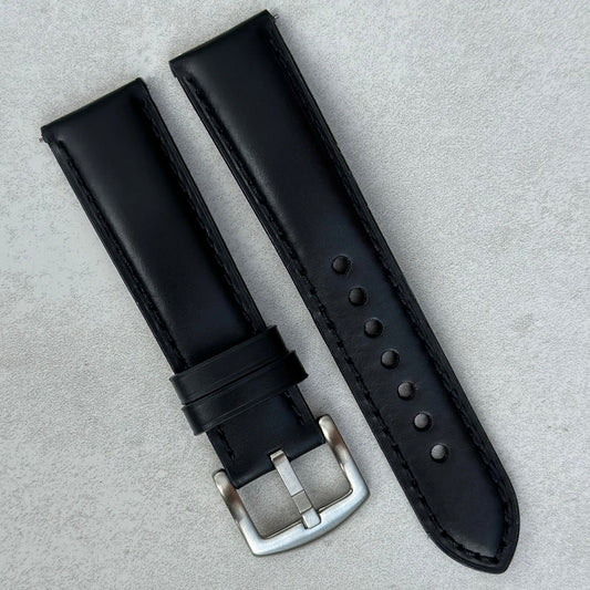 Athens jet black full grain leather watch strap. Fitted with a brushed 316L stainless steel buckle. 18mm, 20mm, 22mm and 24mm