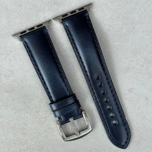 Athens Deep Ocean Blue Padded Full Grain Leather Apple Watch Strap. Fits Series 3, 4, 5, 6, 7, 8, 9, SE and Ultra.