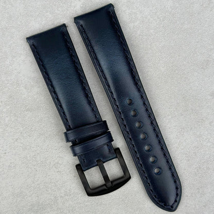 Athens Deep Ocean Blue Full grain leather watch strap. Padded leather watch band with PVD black stainless steel buckle.