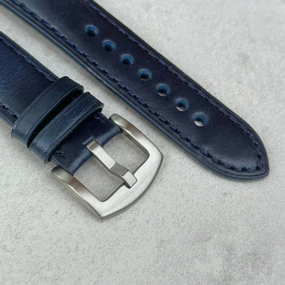 Brushed 316L stainless steel buckle on the Athens Deep Ocean Blue full grain leather watch strap.