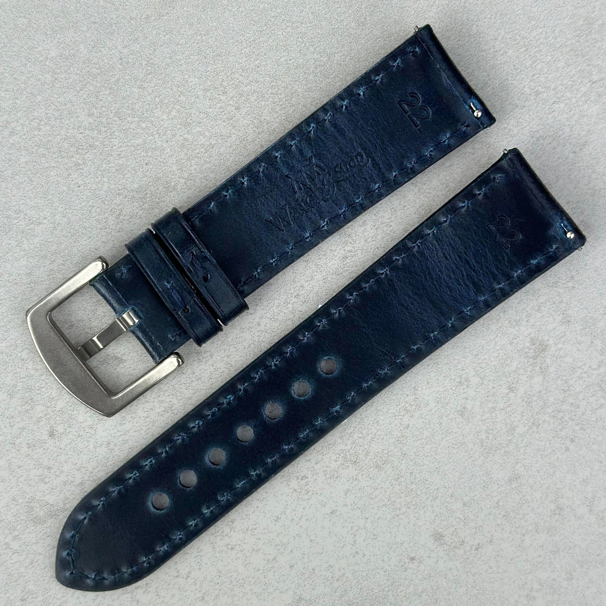 Rear of the Athens Deep Ocean Blue Leather Watch Strap. Full Grain leather strap. Watch And Strap logo. Quick release pins.