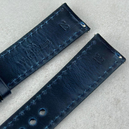 Quick release pins on the Athens full grain leather watch strap. Deep Ocean Blue leather.