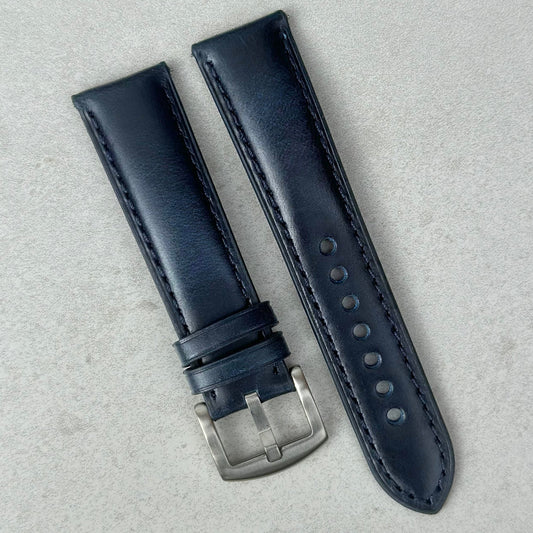The Athens: Deep Ocean Blue Full Grain Leather Watch Strap. 316L stainless steel buckle. 18mm, 20mm, 22mm and 24mm.