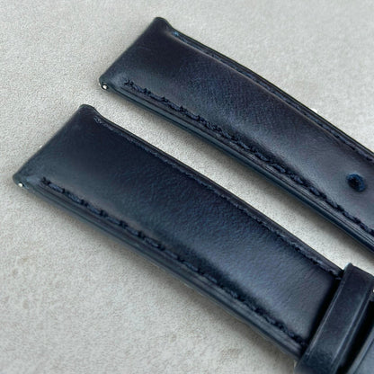 Handmade Padded Leather Watch Strap. Athens blue full grain leather watch strap. Deep Ocean Blue Leather.