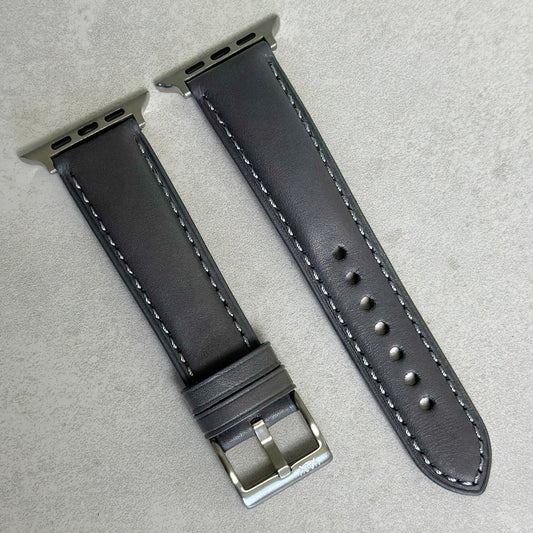 Athens grey full grain leather Apple Watch strap. Series 3, 4, 5, 6, 7, 8, 9, SE and Ultra. Watch And Strap