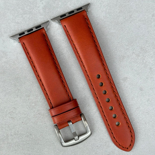 Athens burnt cinnamon full grain leather apple watch strap. Apple Watch Series 3, 4, 5, 6, 7, 8, 9, SE and Ultra.